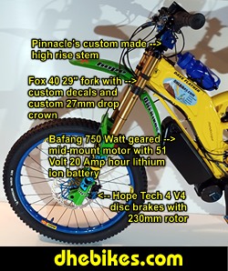 Click on the image for a larger photo showing the Bafang 750 Watt 51 Volt electric pedal assist motor system and Fox 40 downhill fork on this custom electric pedal assist downhill mountain bike