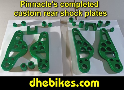 Pinnacle Innovations' custom made rear suspension linkage plates - made from 6061 aircraft aluminum that permit super long rear wheel travel and fully equipped with bearings on all pivots and custom anodized lime green