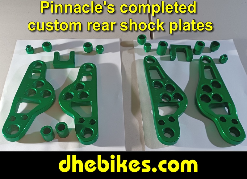 Pinnacle Innovations' custom made rear suspension linkage plates - made from 6061 aircraft aluminum that permit super long rear wheel travel and fully equipped with bearings on all pivots and custom anodized lime green