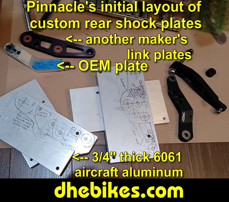 Pinnacle Innovations picture showing initial paper drawings and original suspension plates of the Norco custom downhill rear suspension linkage plates made from 6061 aircraft aluminum.
