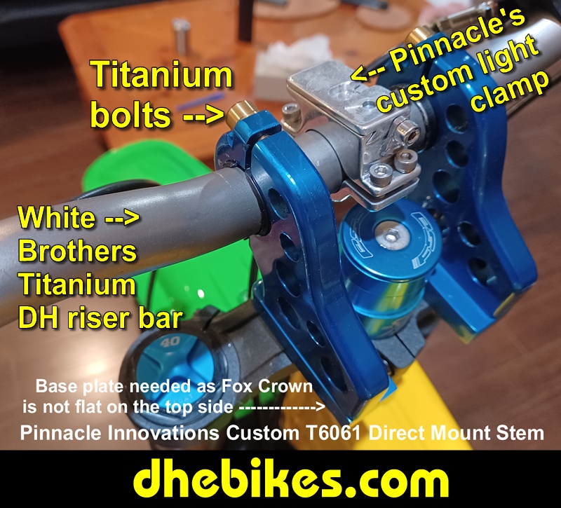 Pinnacle Innovations' custom made high rise double clamp bar stem - made from 6061 aircraft aluminum and custom anodized blue