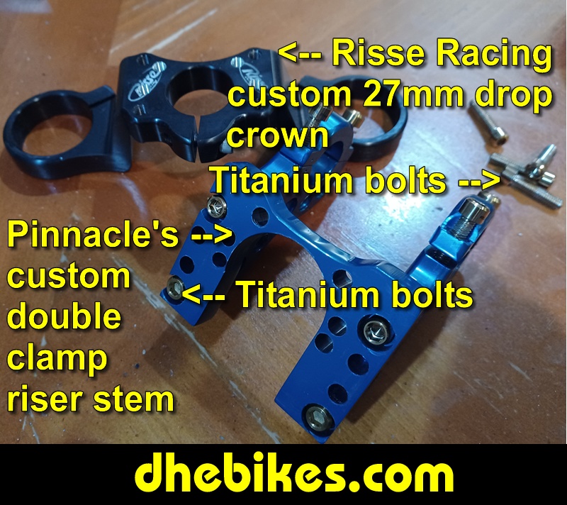 Pinnacle Innovations picture showing the custom made dual clamp high rise shorty stem and custom Fox 40 drop crown made from 6061 aircraft aluminum for a Norco custom electric downhill bike.
