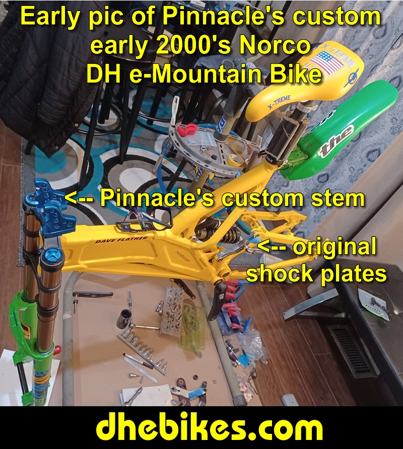 Pinnacle Innovations early build picture showing the 2001 Norco custom electric dual suspension downhill bike.