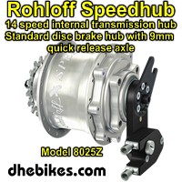 The standard disc brake model of the Rohloff 14 speed internal gear hub mounted showing the cable box